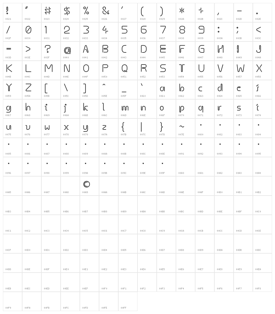 Hosobiki Character Map