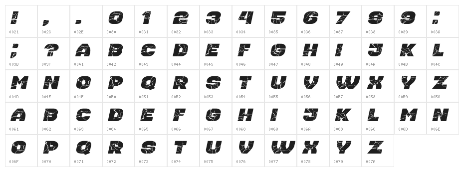 Housebreak Ext Grunged Italic Character Map