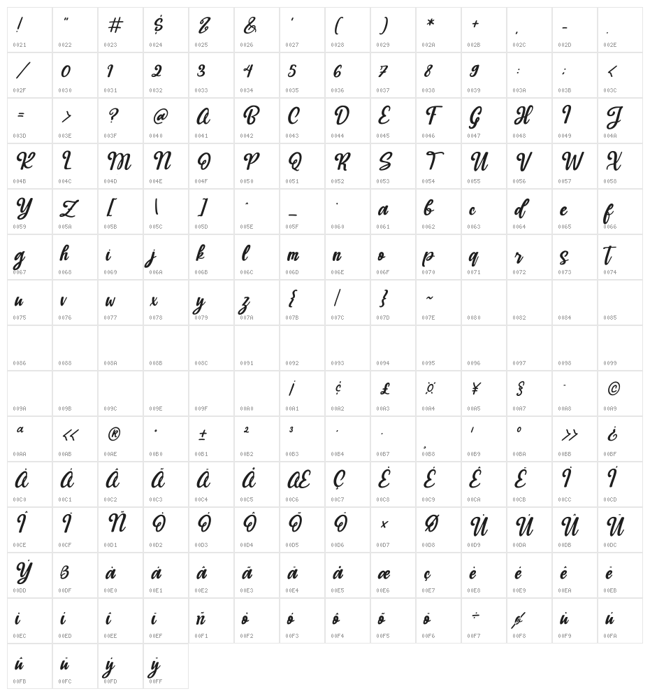 Hudiya - Modern Lovely Script Italic Character Map