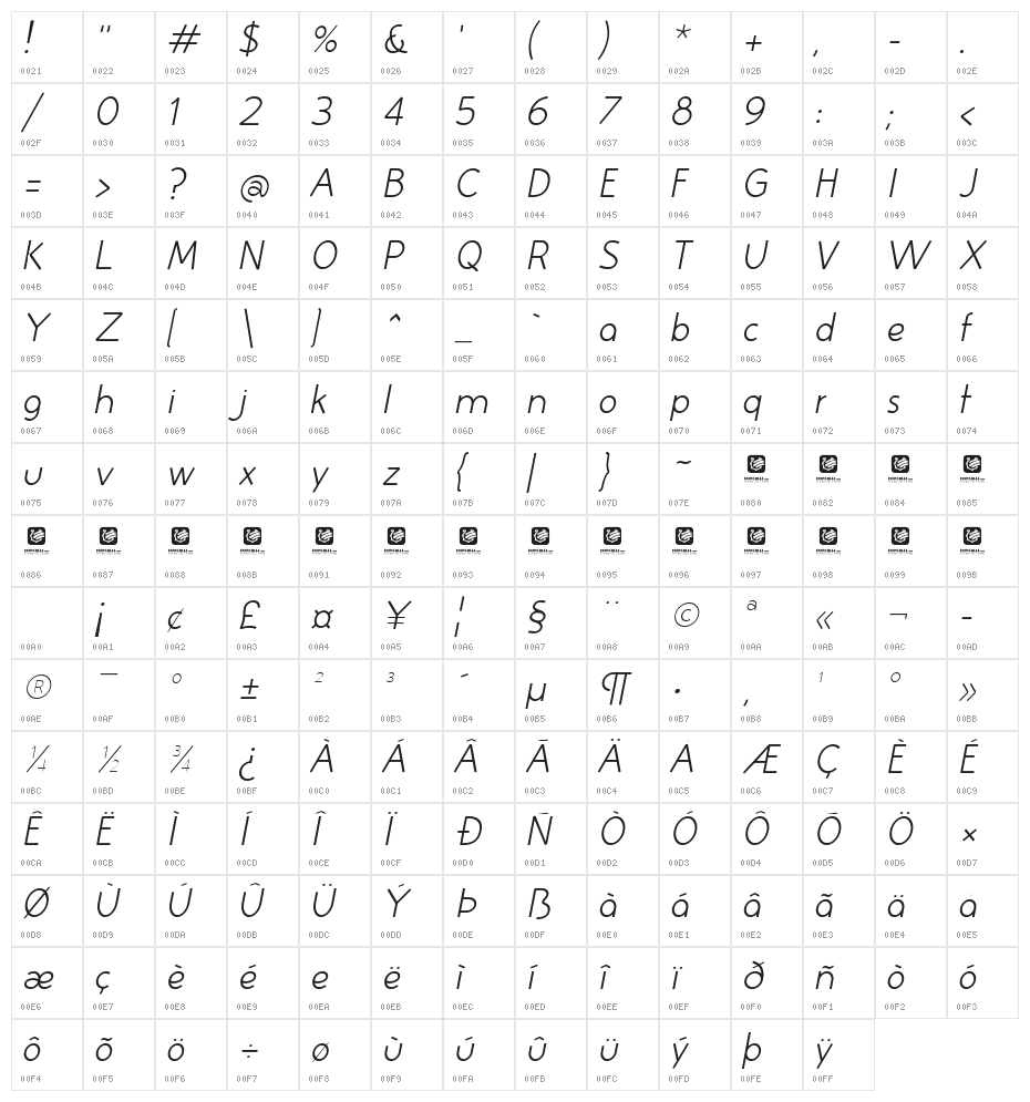 Huelic Light Italic Character Map