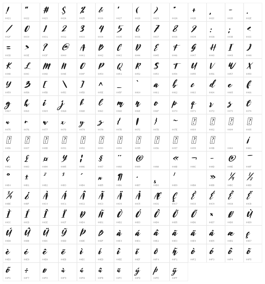 Husein Script Italic Character Map