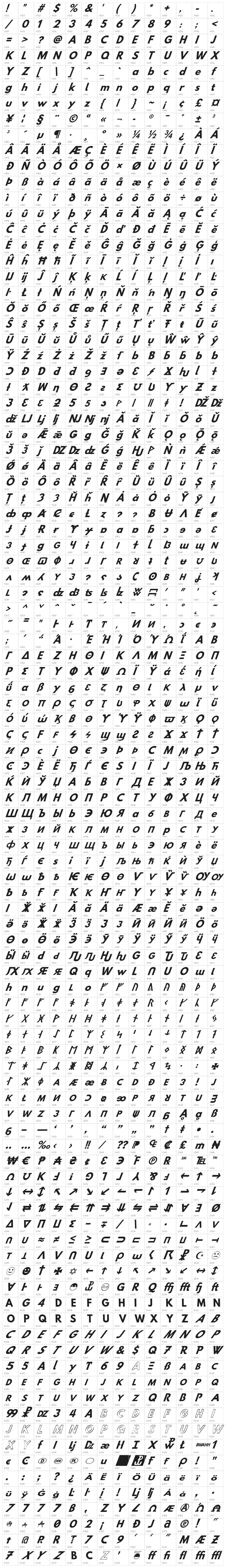 Hussar Bold Oblique Four Character Map