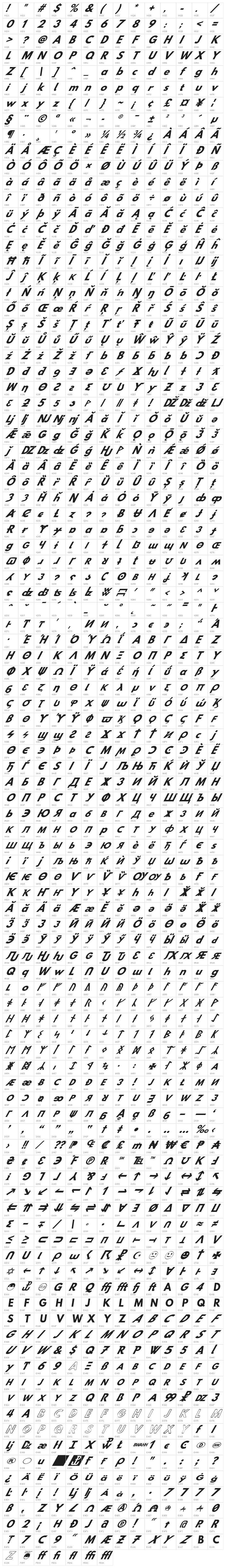 Hussar Bold Oblique Six Character Map