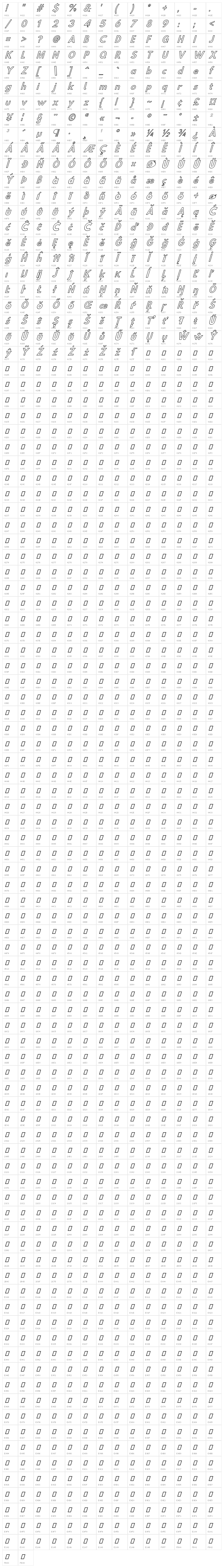 Hussar Simple ExtraCondensed Ghost Oblique Three Character Map