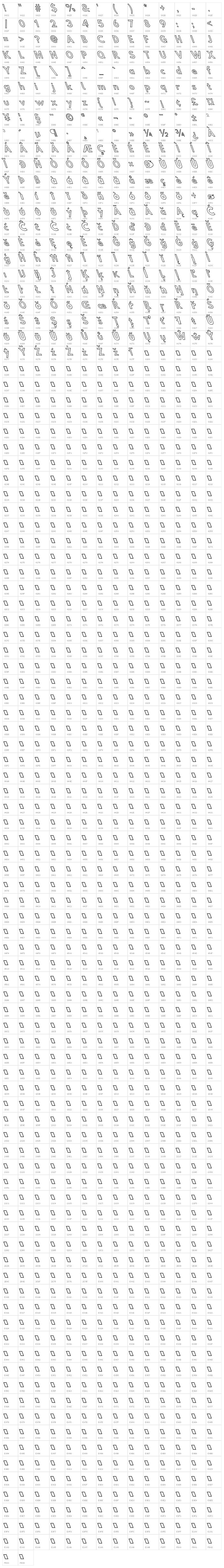 Hussar Simple ExtraCondensed Ghost OppositeOblique Three Character Map