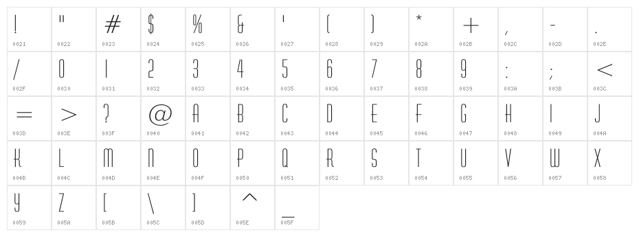Huxlee Vertical Character Map