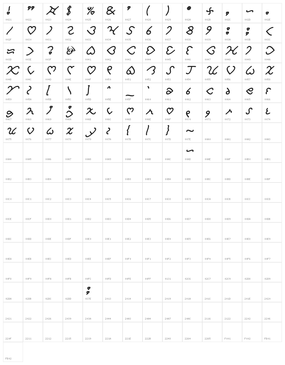 I Love You Bold Italic Character Map