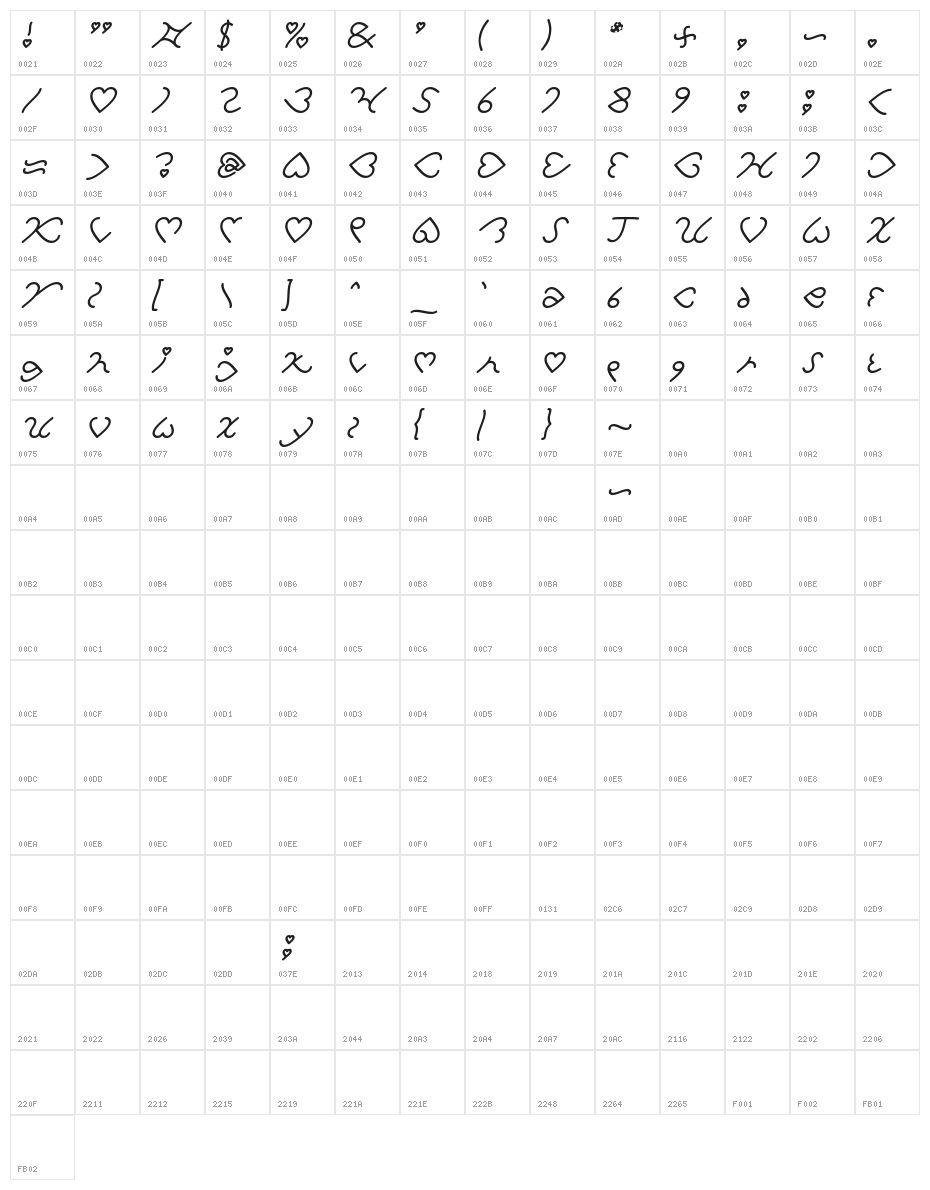 I Love You Italic Character Map