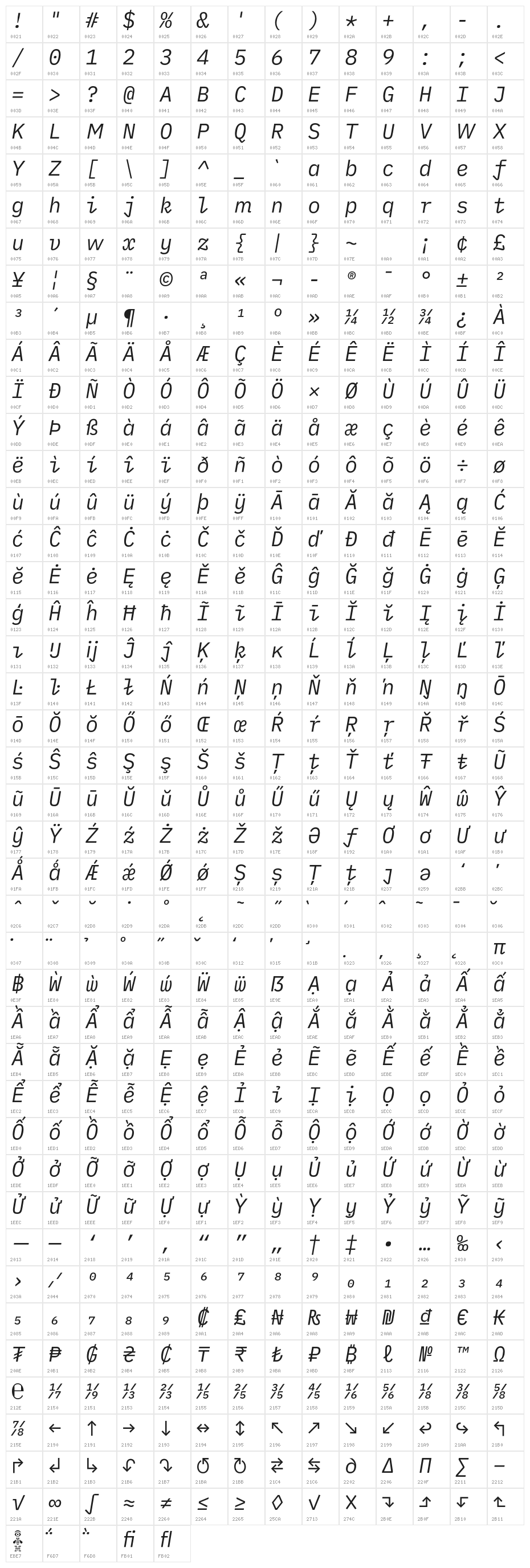 iA Writer Duospace RegularItalic Character Map