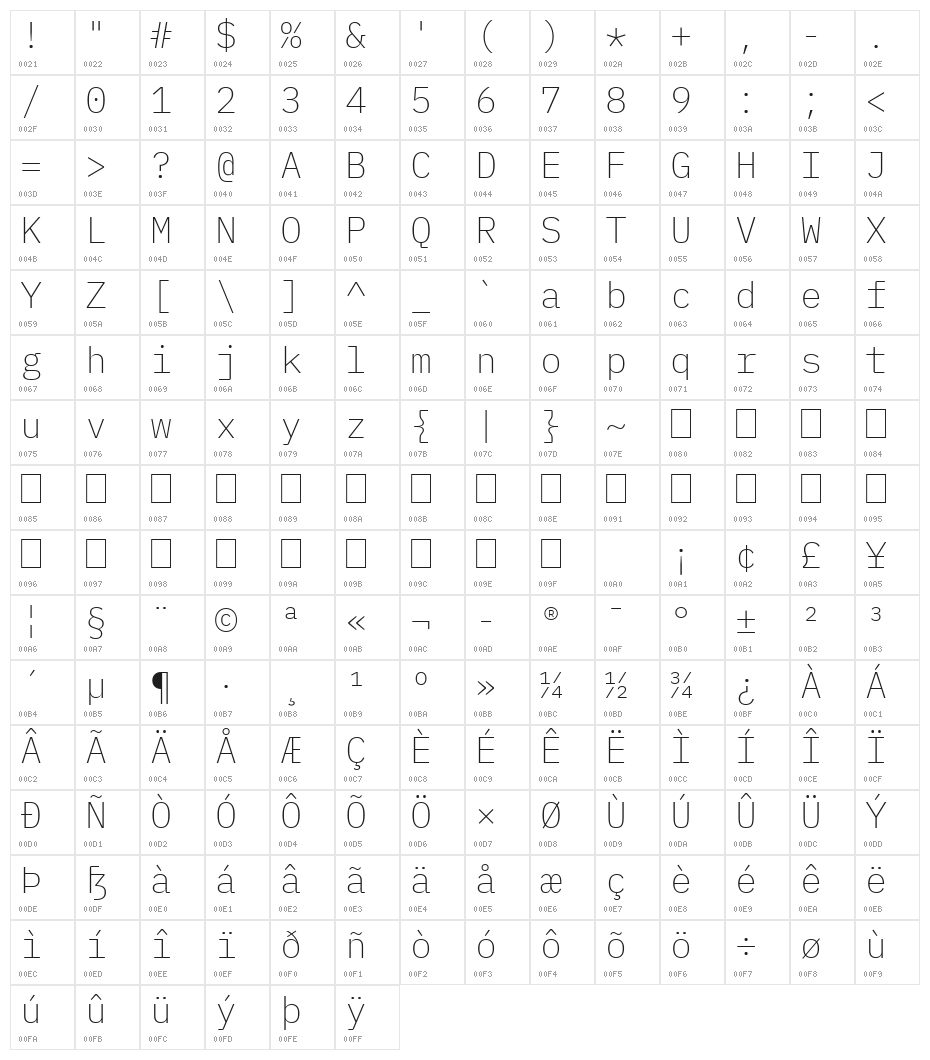 IBM Plex Mono ExtraLight Character Map