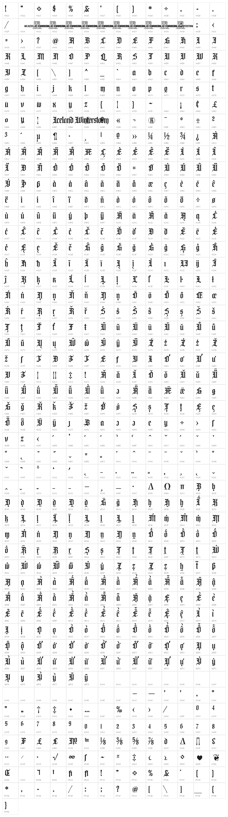 Iceland Winterstorm PERSONAL Regular Character Map
