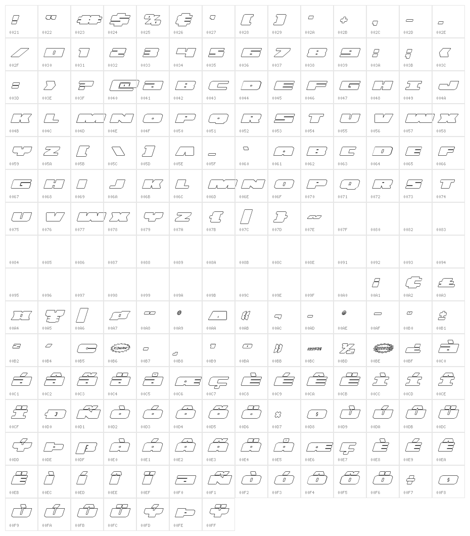 Illumino Outline Italic Character Map