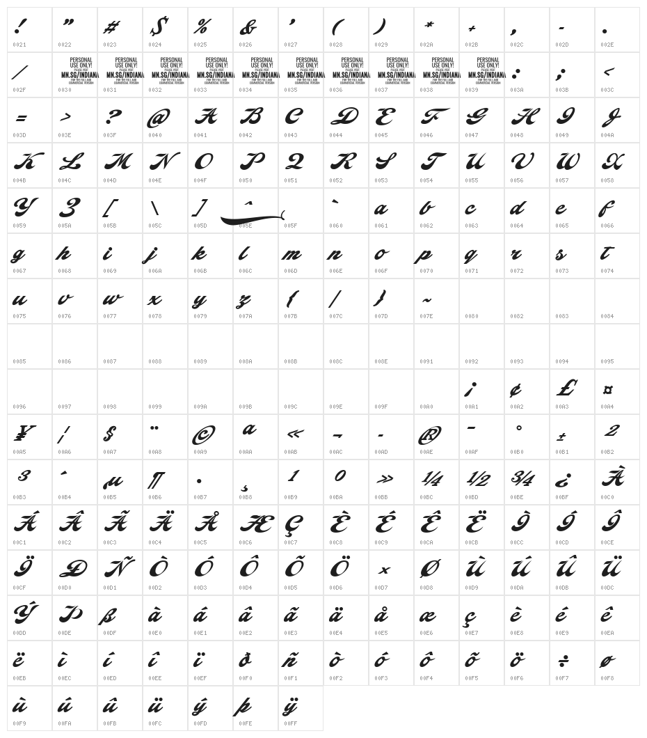 Indiana Script PERSONAL USE Character Map
