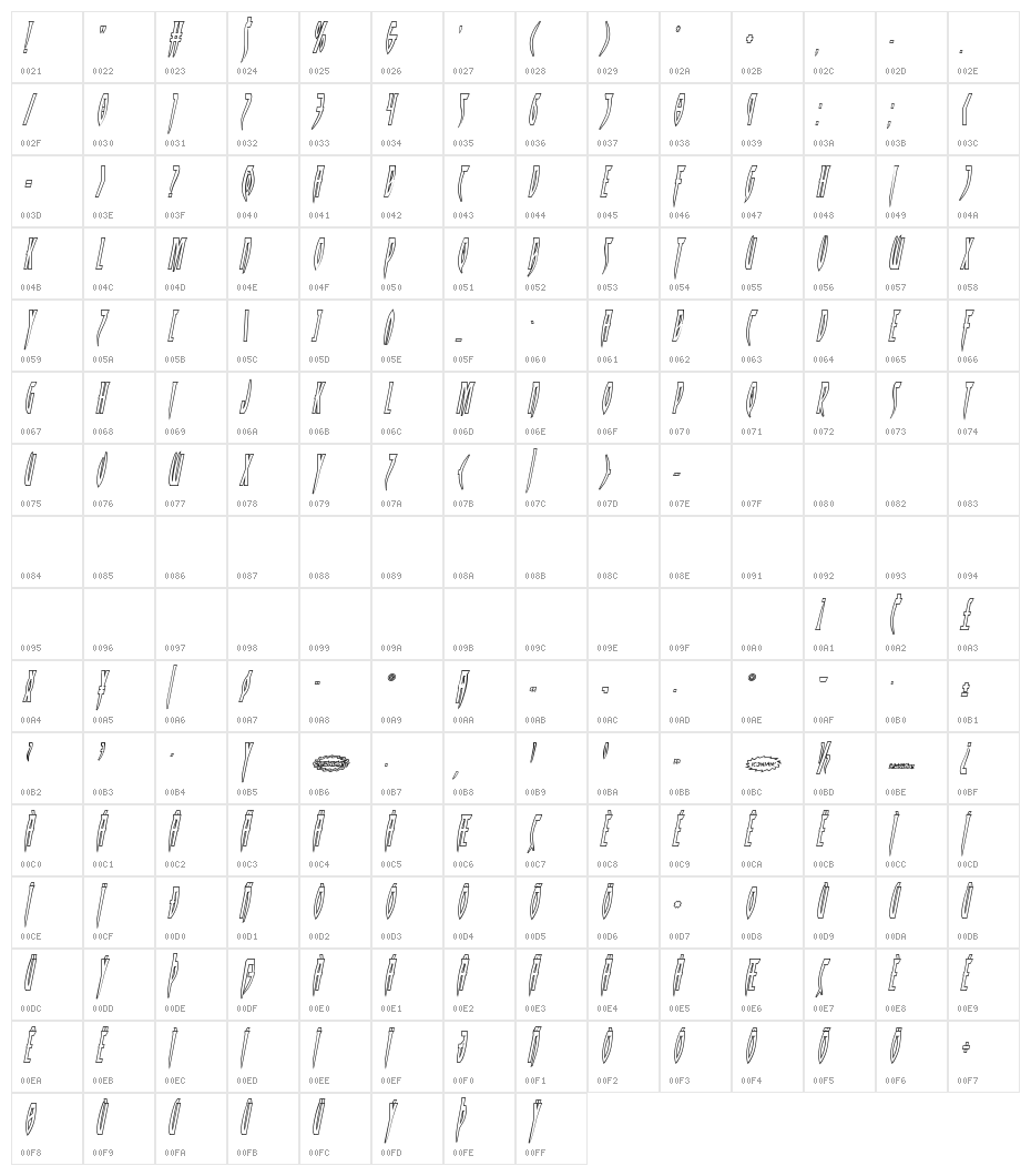 Inhumanity Outline Italic Character Map
