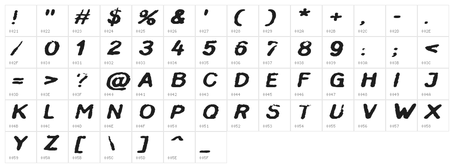 InkbleedExtended Oblique Character Map