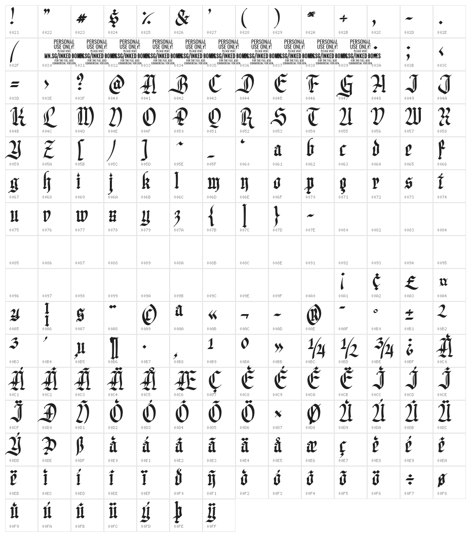 Inked Bones PERSONAL USE ONLY Character Map