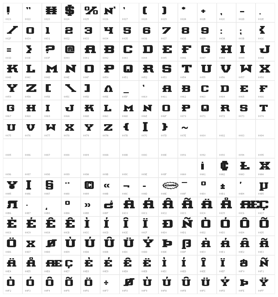 Interceptor Bold Expanded Character Map