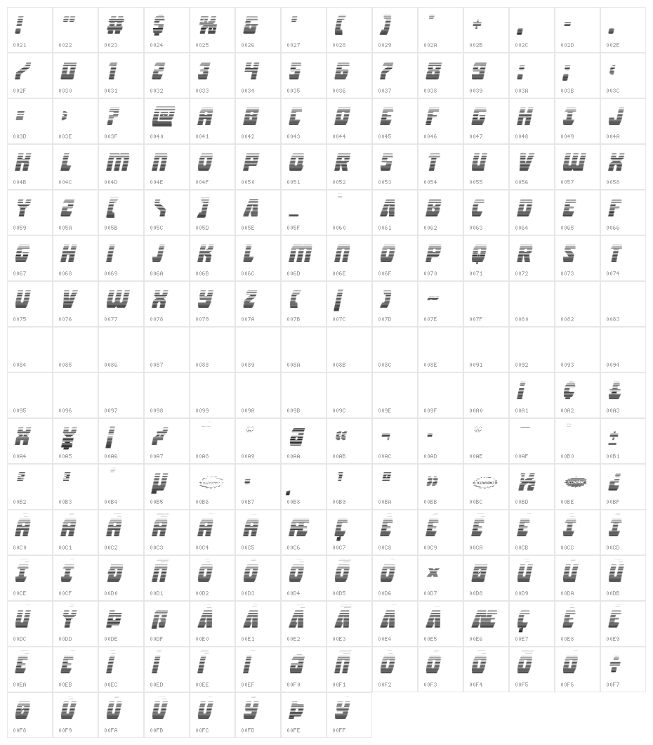 Intergalactic Gradient Italic Character Map