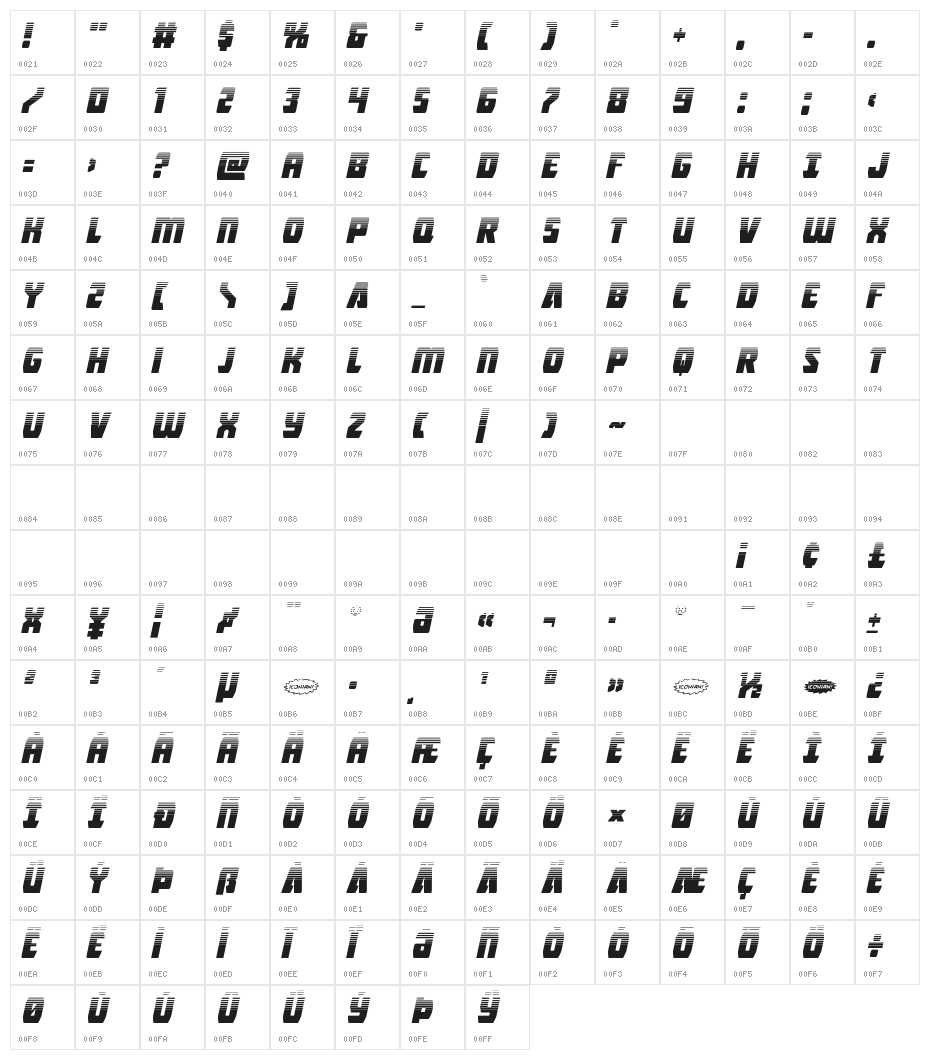 Intergalactic Halftone Italic Character Map