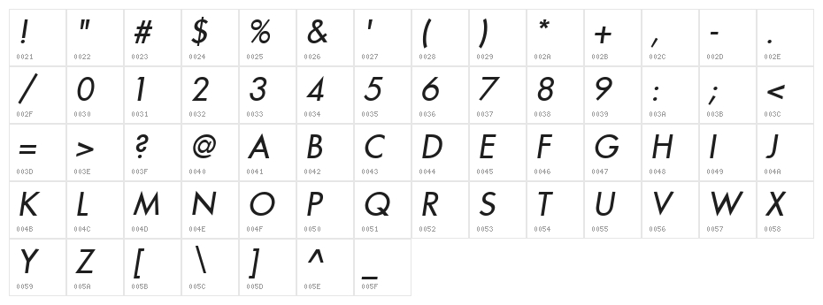 Intrepid Italic Character Map