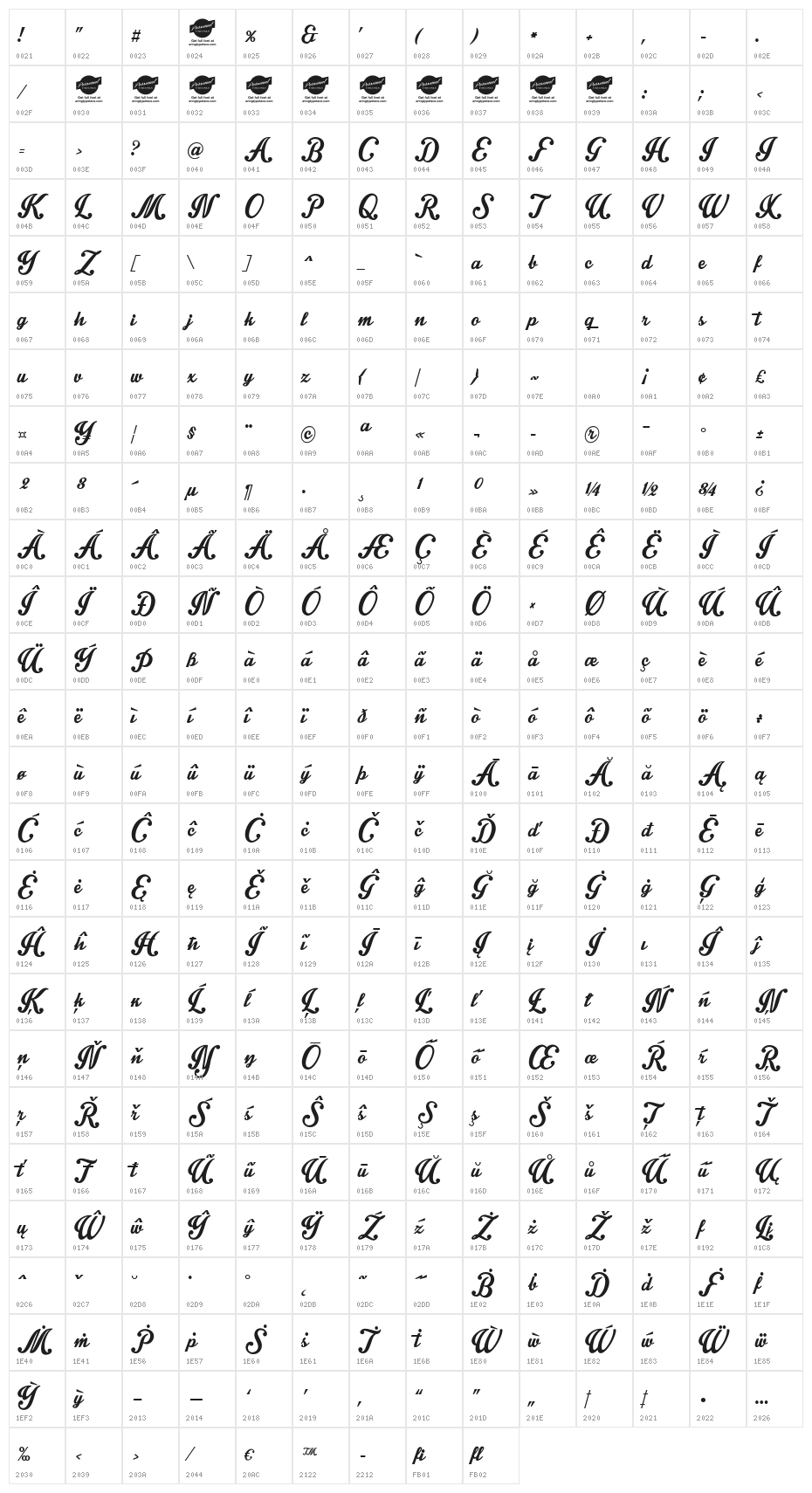 Intrique Script Personal Use Character Map