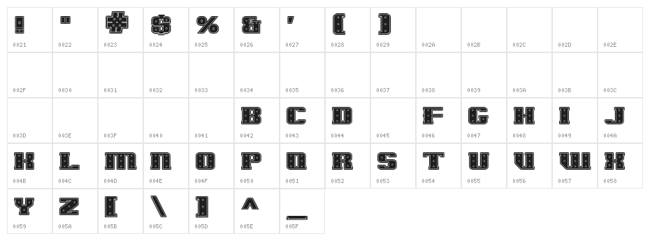 IronCladBoltedRaised SW Character Map
