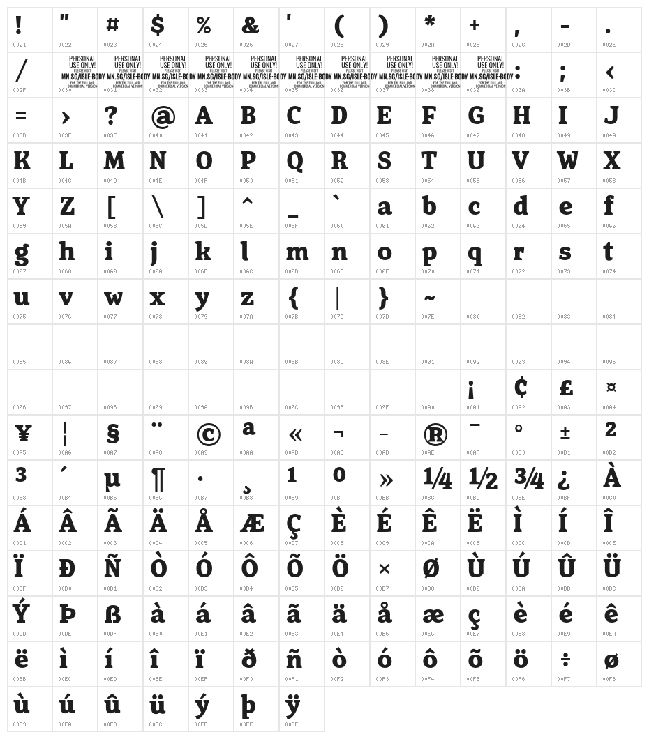Isle Body PERSONAL USE Bold Character Map
