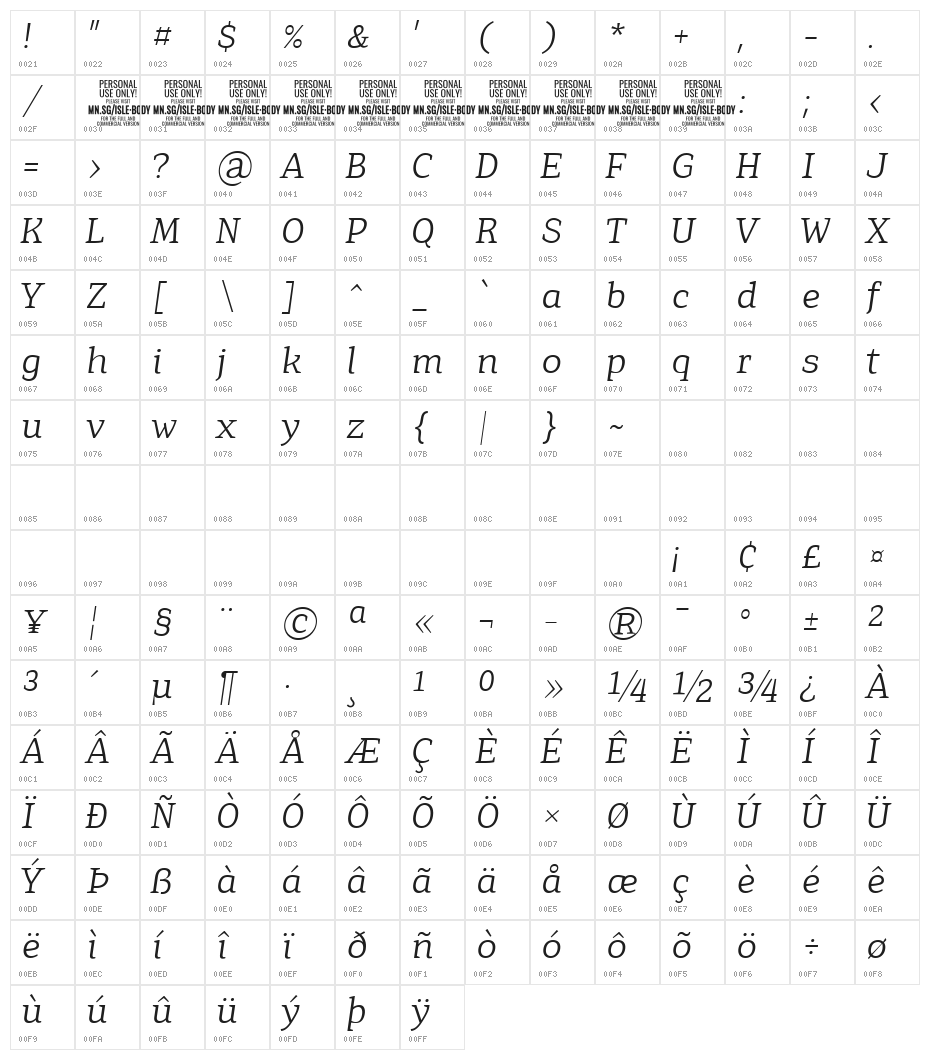 Isle Body PERSONAL USE Light Italic Character Map