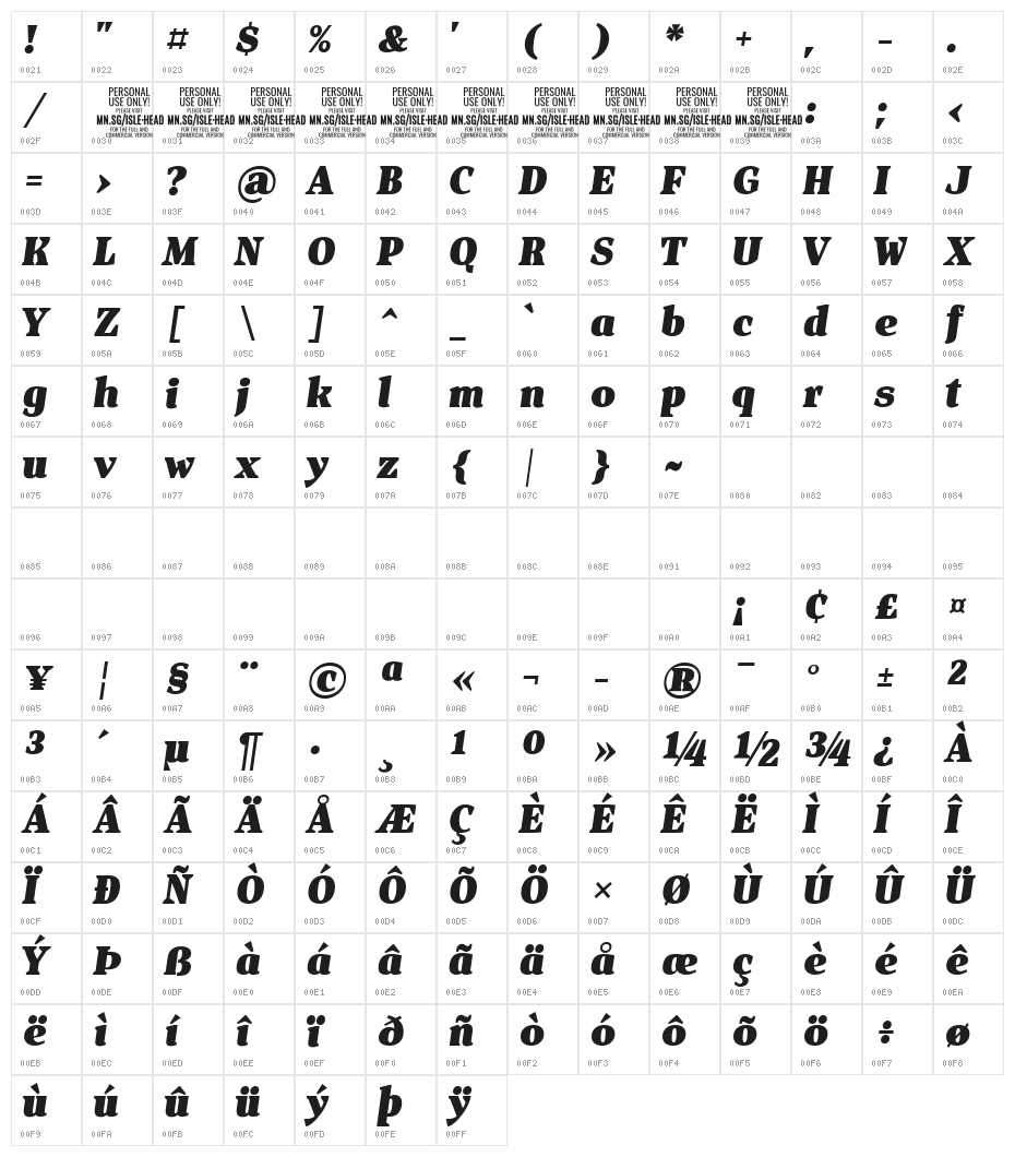 Isle Headline PERSONAL USE Black Italic Character Map