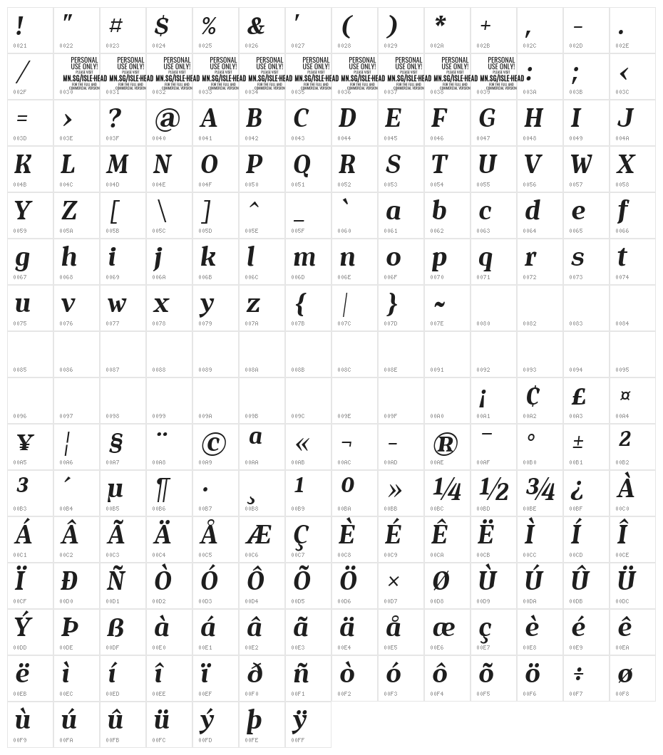 Isle Headline PERSONAL USE Bold Italic Character Map