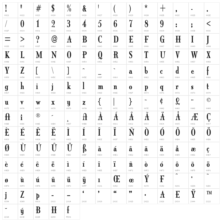 ItingOpti-BoldCondensed Character Map