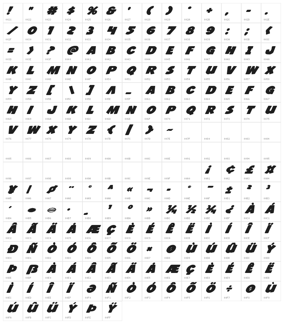 Jack's Candlestick Bold Expanded Character Map