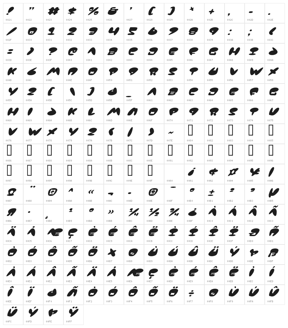 Jackson Italic Character Map