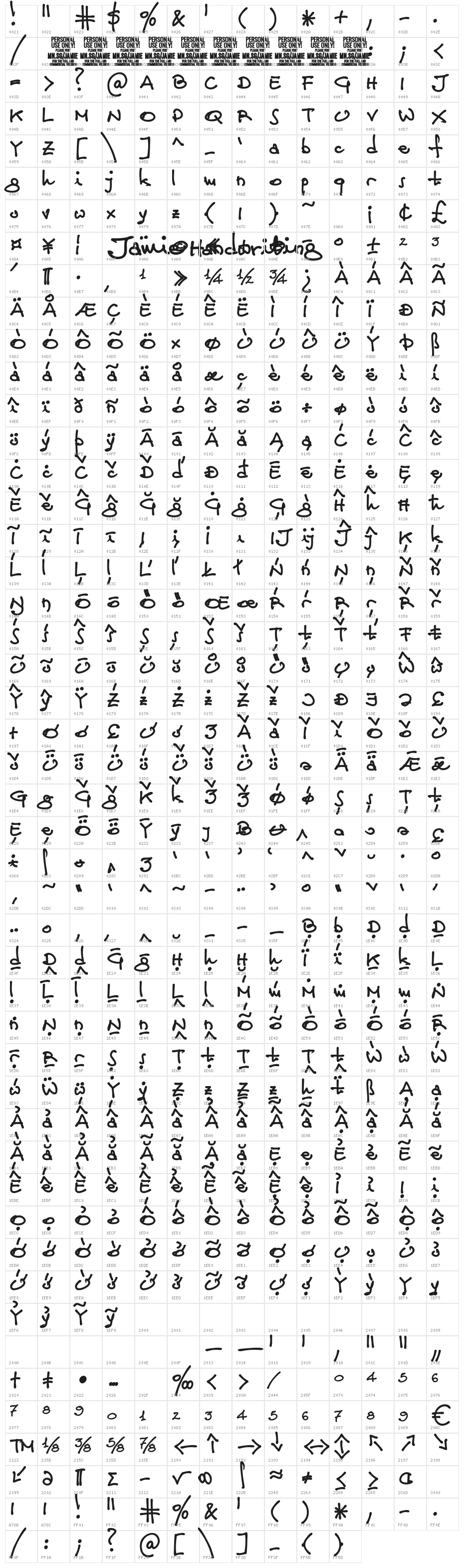Jamie Handwriting Bold PERSONAL USE Regular Character Map