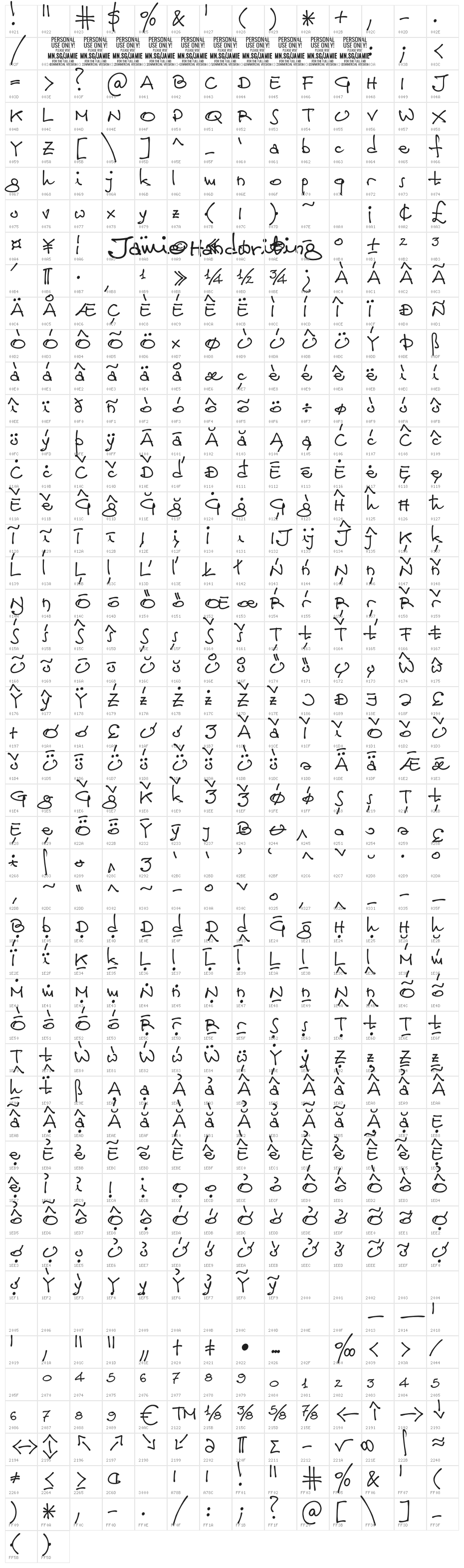 Jamie Handwriting Light PERSONAL USE Regular Character Map