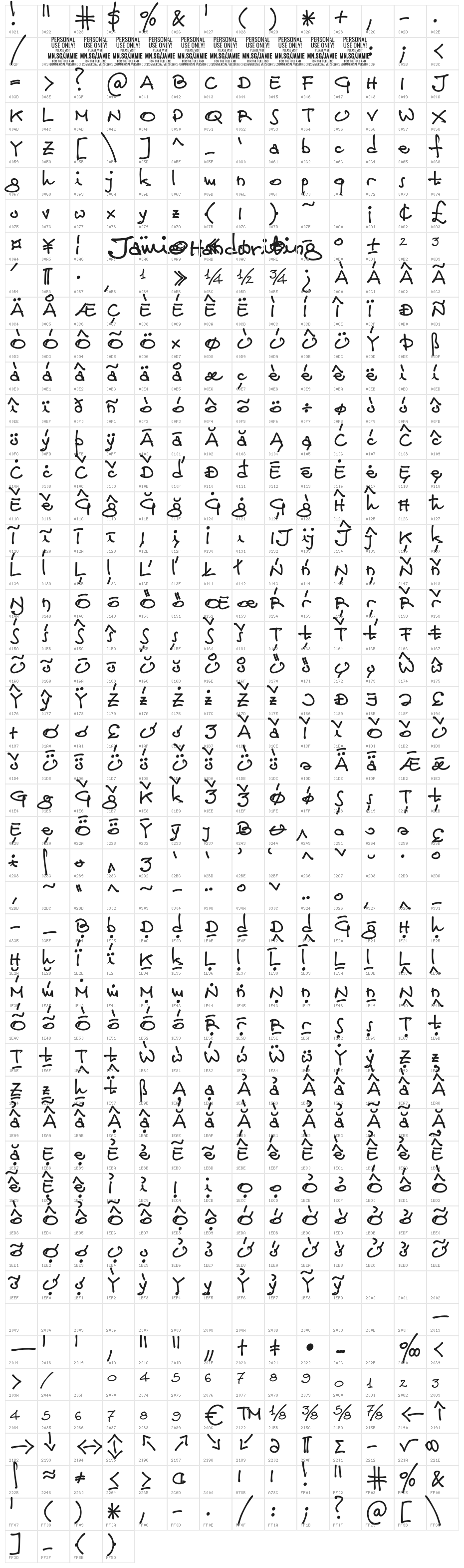 Jamie Handwriting PERSONAL USE Regular Character Map