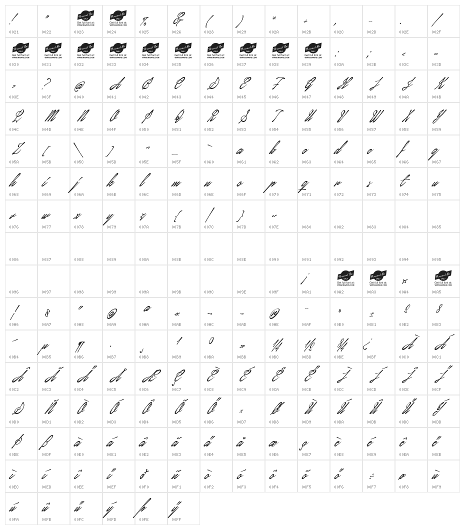 January Script Personal Use Character Map