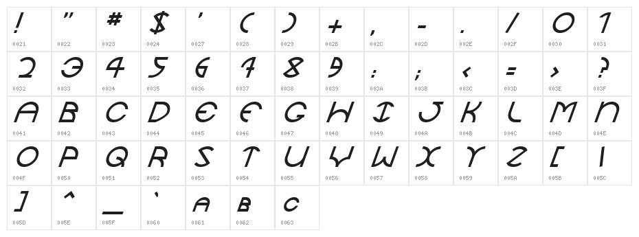 JaySetch Italic Character Map