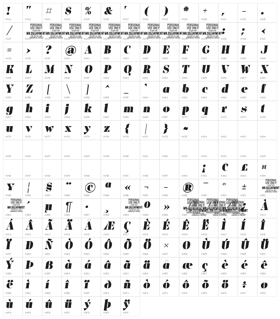 Jaymont PERSONAL Black Italic Character Map