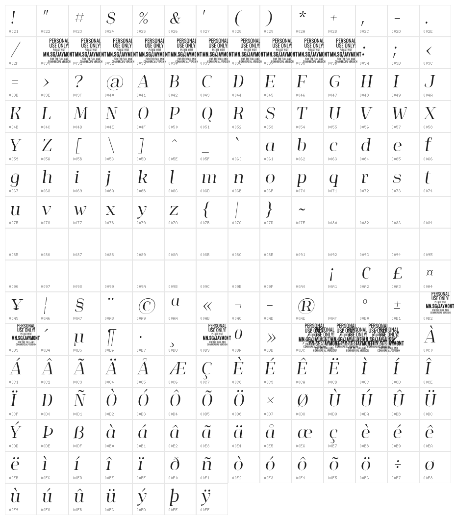 Jaymont PERSONAL Light Italic Character Map