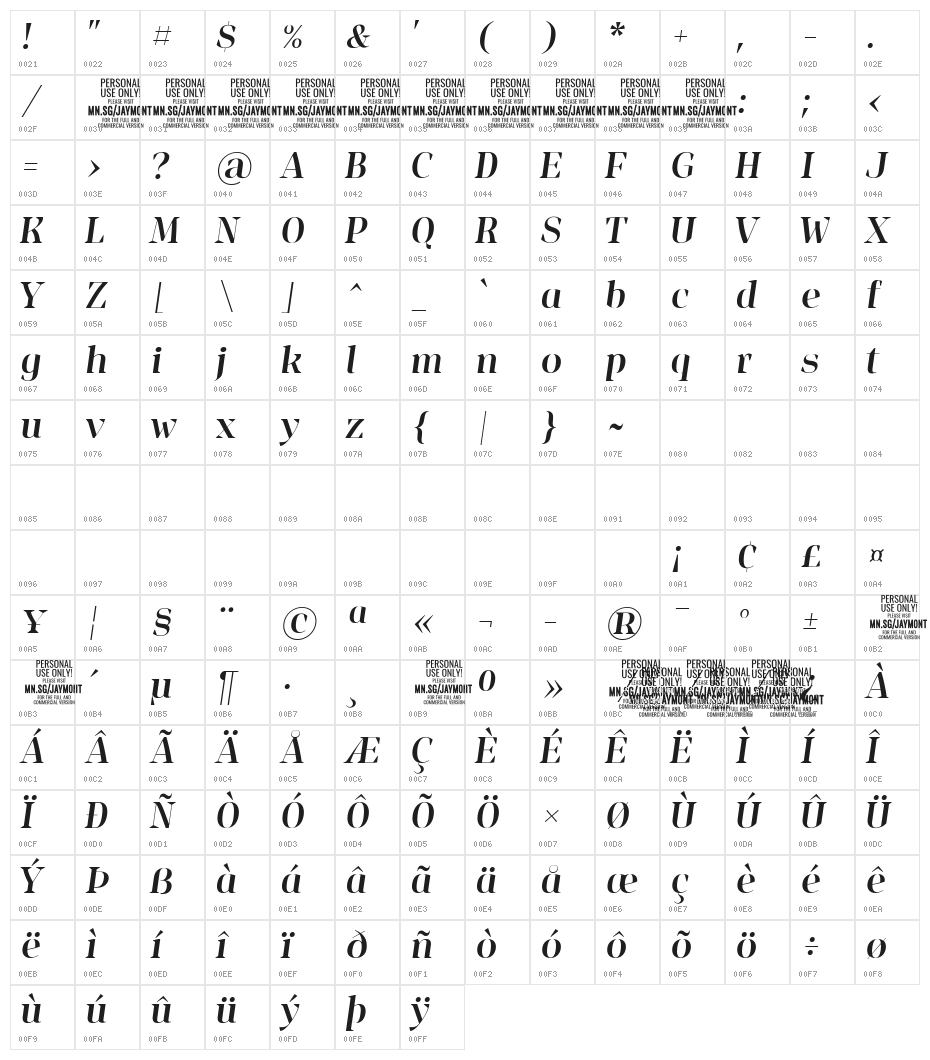 Jaymont PERSONAL Medium Italic Character Map