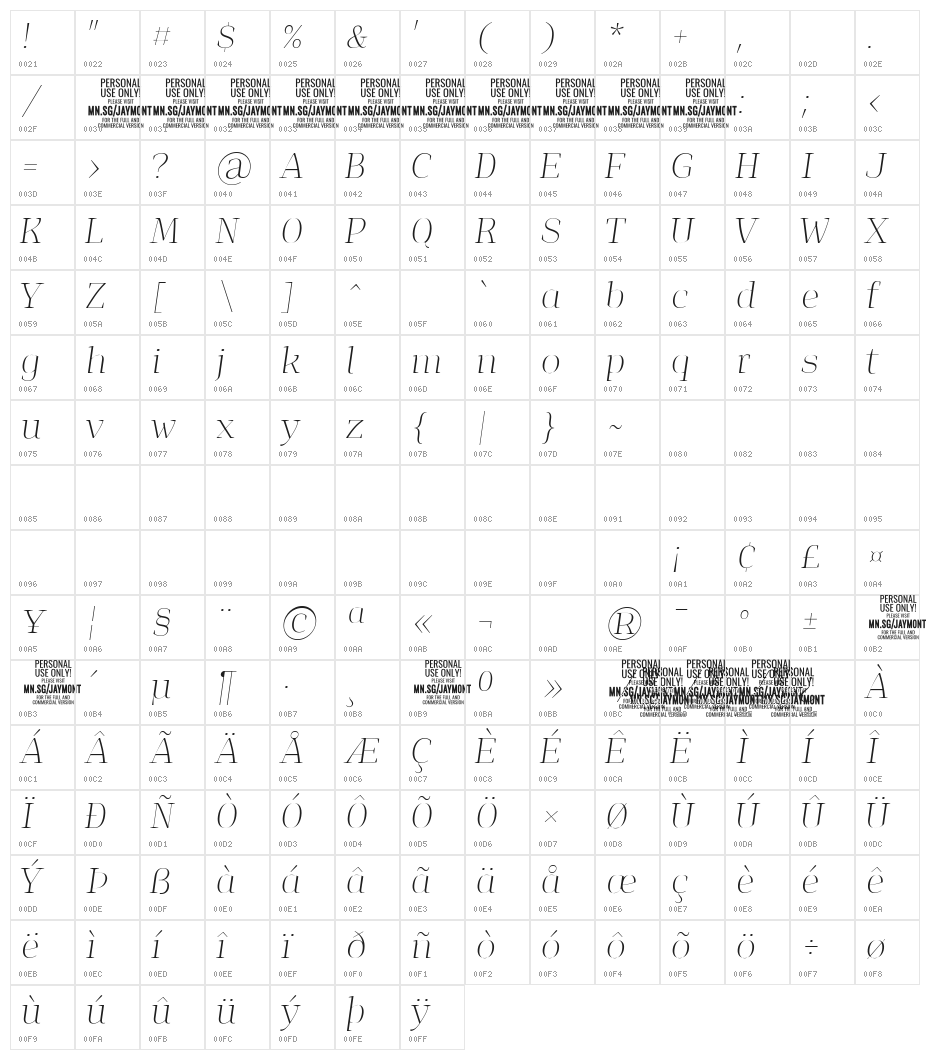 Jaymont PERSONAL Thin Italic Character Map