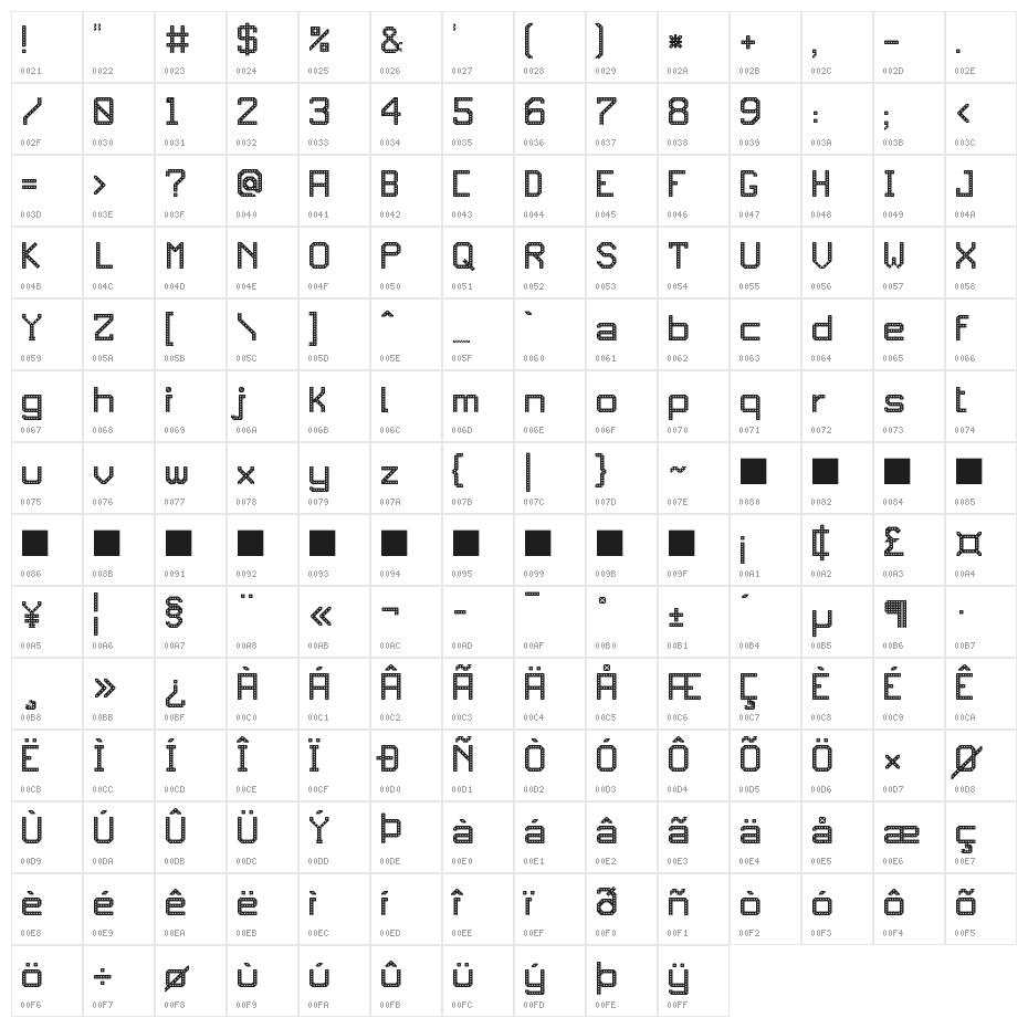 JD RevLED Regular Character Map