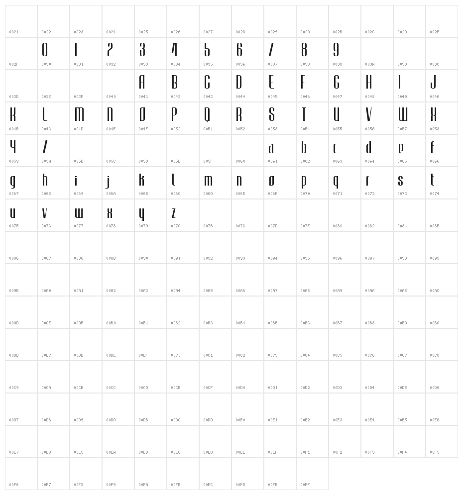 JECR Font Light Character Map