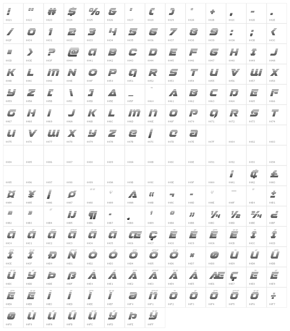 Jeebra Gradient Italic Character Map