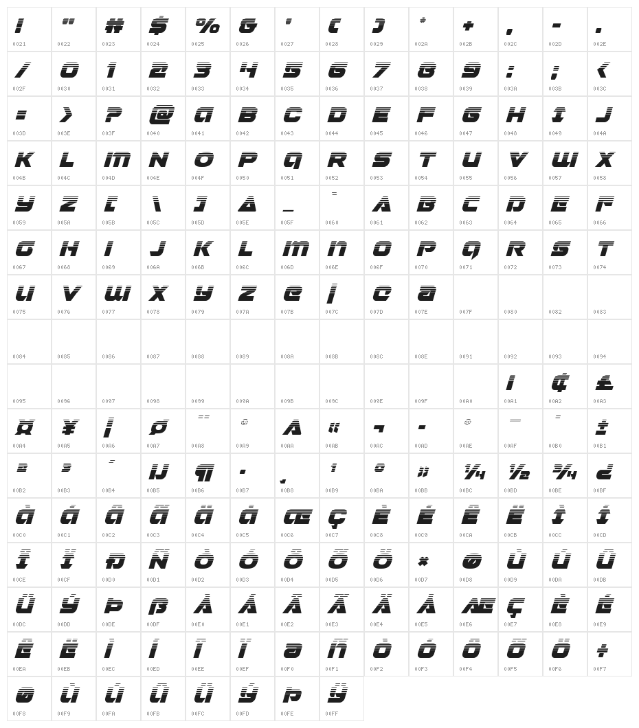 Jeebra Halftone Italic Character Map