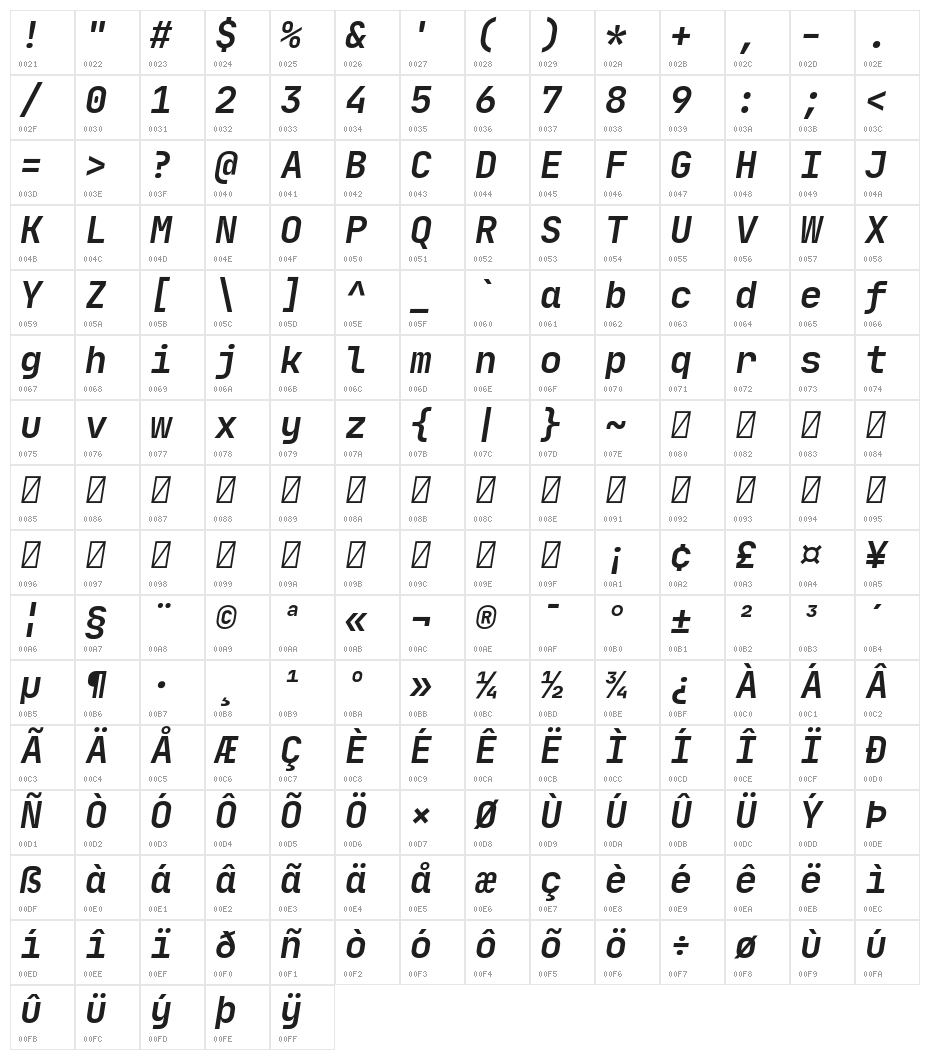 JetBrains Mono Bold Italic Character Map