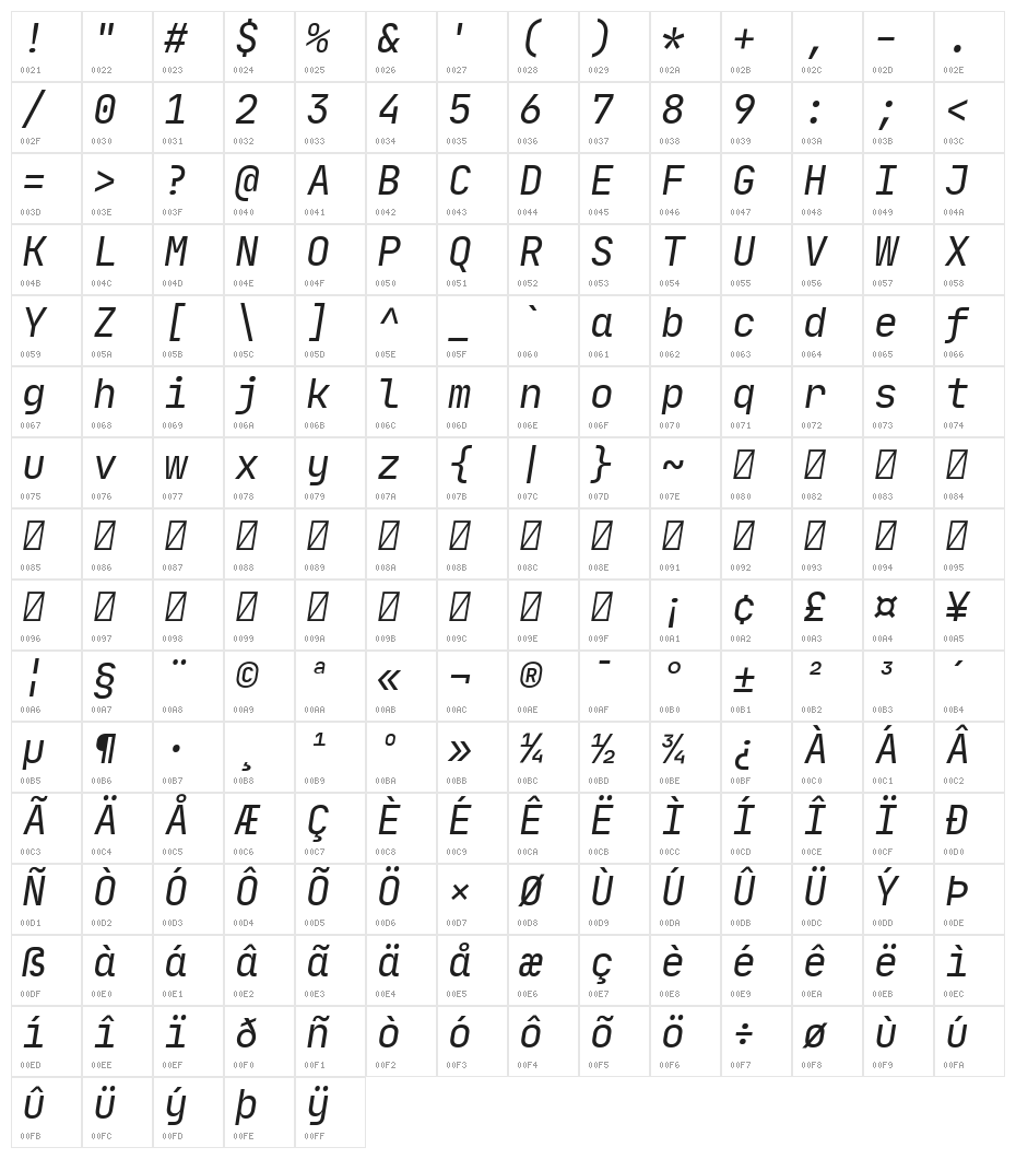 JetBrains Mono Italic Character Map