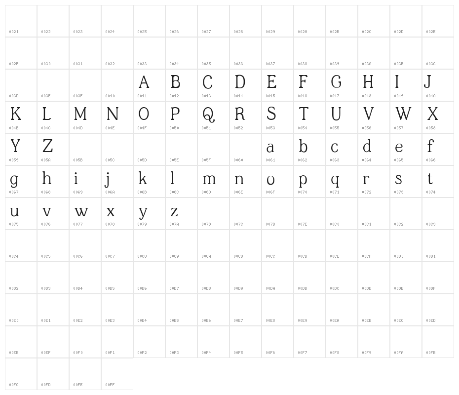 JF Shill Regular Character Map