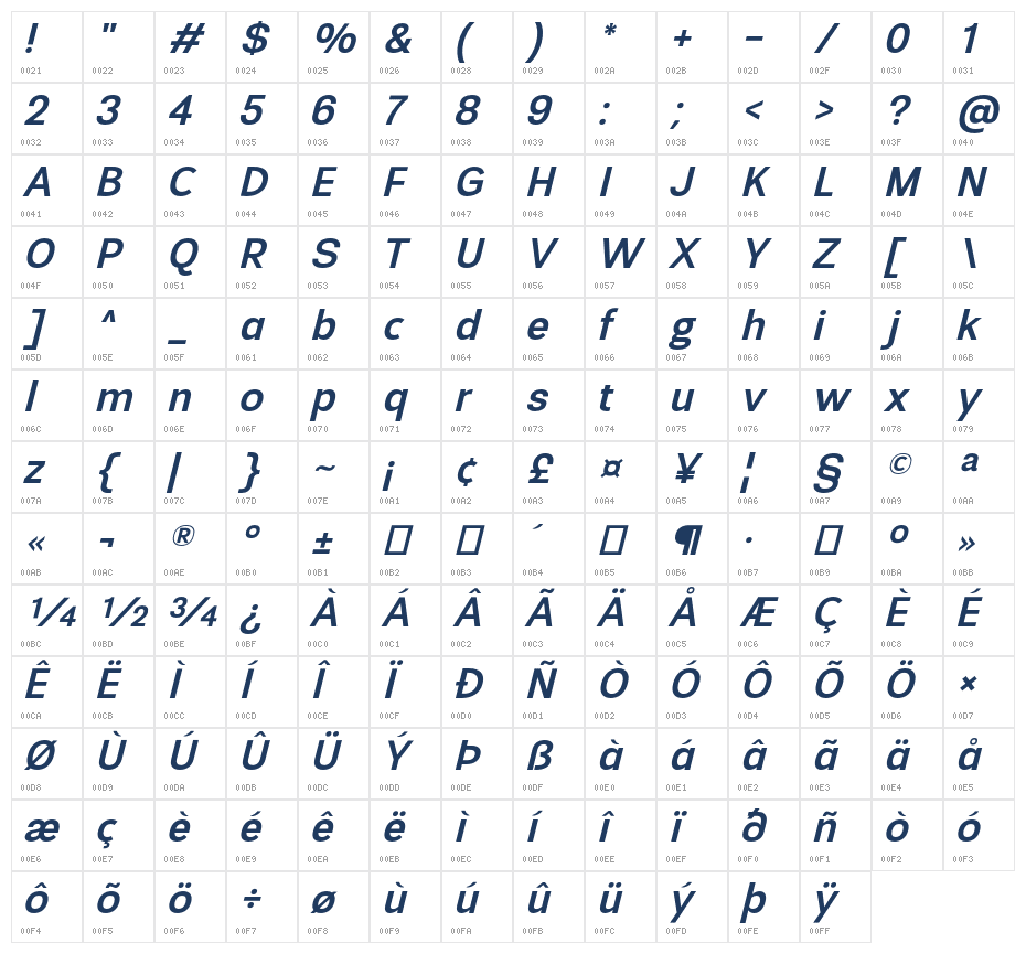 JHC Sineas Semibold Italic Character Map